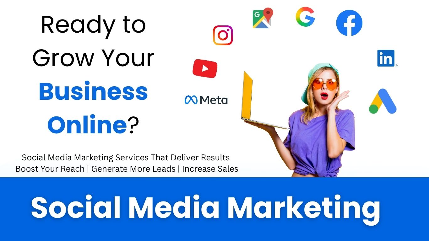 Professional woman holding a laptop and pointing upward, promoting social media marketing services by SAB KA HUB DIGITAL WORLD, featuring icons of Google, Meta, Instagram, LinkedIn, YouTube, and Google Maps.